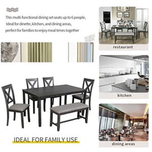 6 Piece Dining Table Set, Wood Dining Dinette Table and 4 Chairs with 1 Bench with Cushion, Rustic Style Kitchen Table Set for 6 Persons, Gray