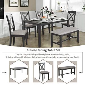 6 Piece Dining Table Set, Wood Dining Dinette Table and 4 Chairs with 1 Bench with Cushion, Rustic Style Kitchen Table Set for 6 Persons, Gray