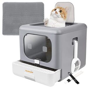 loobani foldable cat litter box with lid,enclosed and covered litter box to prevent smell, anti-splashing kitty potty with scoop and mat for easy clean, large top entry cat toilet with drawer (grey)