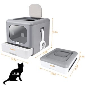 LOOBANI Foldable Cat Litter Box with Lid,Enclosed and Covered Litter Box to Prevent Smell, Anti-Splashing Kitty Potty with Scoop and Mat for Easy Clean, Large Top Entry Cat Toilet with Drawer (Grey)