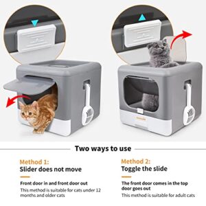 LOOBANI Foldable Cat Litter Box with Lid,Enclosed and Covered Litter Box to Prevent Smell, Anti-Splashing Kitty Potty with Scoop and Mat for Easy Clean, Large Top Entry Cat Toilet with Drawer (Grey)