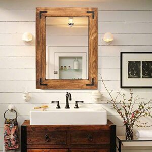 yoshoot rustic wooden framed wall mirror, natural wood bathroom vanity mirror for farmhouse decor, vertical or horizontal hanging, 32″ x 24″, brown
