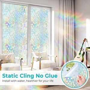 Windimiley Window Privacy Film Stained Glass Rainbow Clings: Window Tinting Film for Home Bathroom UV Blocking 3D Decorative Static Sticker Non Adhesive Vinyl Door Covering (17.5 x 78.7 Inch, Pure)