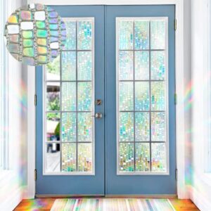 Windimiley Window Privacy Film Stained Glass Rainbow Clings: Window Tinting Film for Home Bathroom UV Blocking 3D Decorative Static Sticker Non Adhesive Vinyl Door Covering (17.5 x 78.7 Inch, Pure)