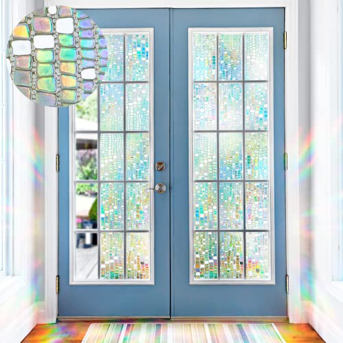 Windimiley Window Privacy Film Stained Glass Rainbow Clings: Window Tinting Film for Home Bathroom UV Blocking 3D Decorative Static Sticker Non Adhesive Vinyl Door Covering (17.5 x 78.7 Inch, Pure)