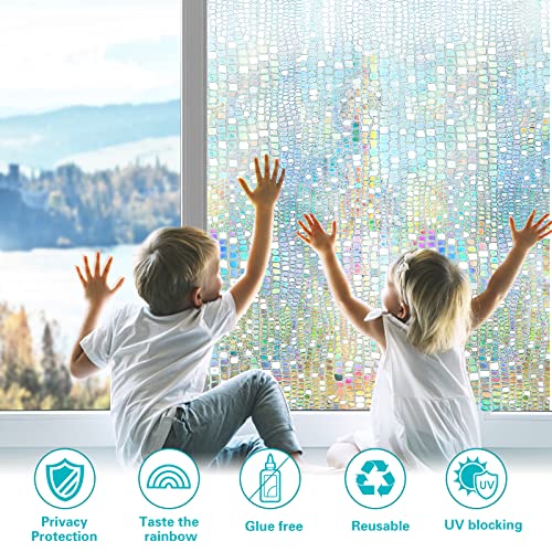 Windimiley Window Privacy Film Stained Glass Rainbow Clings: Window Tinting Film for Home Bathroom UV Blocking 3D Decorative Static Sticker Non Adhesive Vinyl Door Covering (17.5 x 78.7 Inch, Pure)