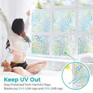 Windimiley Window Privacy Film Stained Glass Rainbow Clings: Window Tinting Film for Home Bathroom UV Blocking 3D Decorative Static Sticker Non Adhesive Vinyl Door Covering (17.5 x 78.7 Inch, Pure)