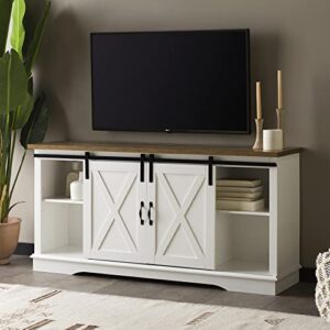 walker edison richmond modern farmhouse sliding barn door tv stand for tvs up to 65 inches, 58 inch, white and rustic oak