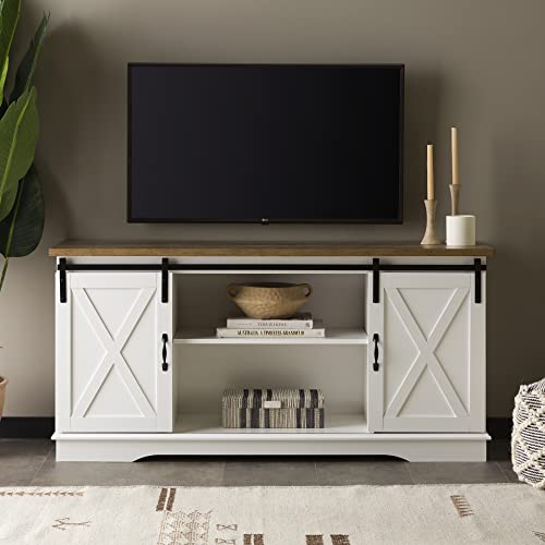 Walker Edison Richmond Modern Farmhouse Sliding Barn Door TV Stand for TVs up to 65 Inches, 58 Inch, White and Rustic Oak