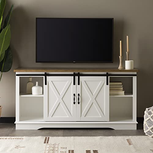Walker Edison Richmond Modern Farmhouse Sliding Barn Door TV Stand for TVs up to 65 Inches, 58 Inch, White and Rustic Oak