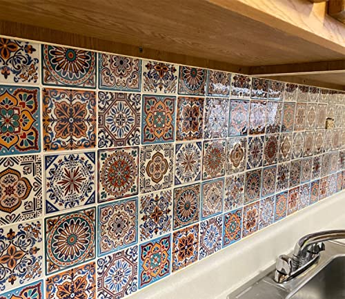 Peel and Stick Backsplash Tile Stickers, Colorful Talavera Mexican Tile, Stick on Wall Tiles (10 Sheets)