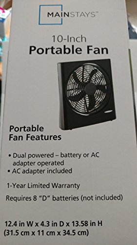 Mainstays 10 Inch Portable Fan Dual Powered Battery/AC New Black