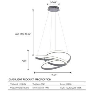 GMENLIGHT Modern LED Chandelier, Pendant Light Fixtures, LED Ring Hanging Light Fixture, for Dining Rooms Kitchen Island and High Ceilings, Acrylic Shape Pendant Light Grey 36W