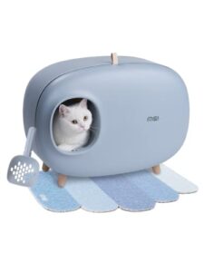ms!make sure cat litter box (with litter mat), enclosed design, large space litter box with lid, prevent sand leakage and isolate odors, easy to clean, with cat litter scoop – gray blue