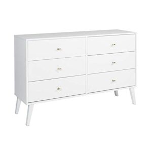 prepac milo mid-century 6 drawer double dresser for bedroom, 16″ d x 52.50″ w x 33″ h, white