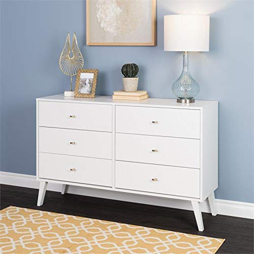 Prepac Milo Mid-Century 6 Drawer Double Dresser For Bedroom, 16" D x 52.50" W x 33" H, White