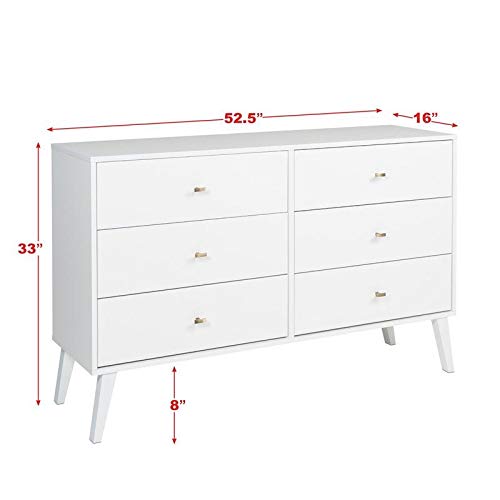 Prepac Milo Mid-Century 6 Drawer Double Dresser For Bedroom, 16" D x 52.50" W x 33" H, White