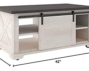Signature Design by Ashley Dorrinson Farmhouse Coffee Table with Sliding Barn Doors, Antique White & Brown
