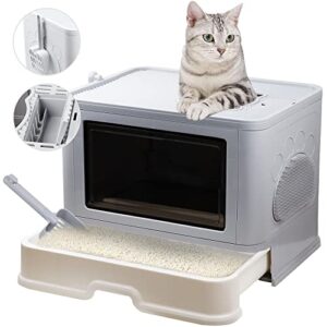 onenin foldable cat litter box,large top entry anti-splashing litter box with lid,enclosed cat potty,drawer type cat toilet easy cleaning,including cat litter scoop, grey