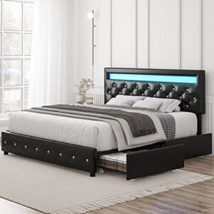 keyluv queen upholstered led bed frame with 4 storage drawers and adjustable crystal button tufted headboard, platform bed with solid wooden slats support, no box spring needed, black