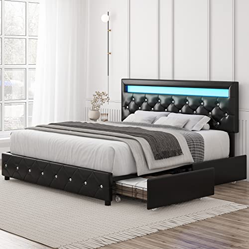 Keyluv Queen Upholstered LED Bed Frame with 4 Storage Drawers and Adjustable Crystal Button Tufted Headboard, Platform Bed with Solid Wooden Slats Support, No Box Spring Needed, Black