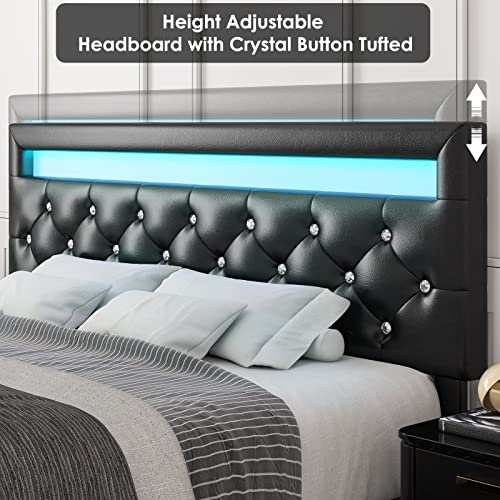 Keyluv Queen Upholstered LED Bed Frame with 4 Storage Drawers and Adjustable Crystal Button Tufted Headboard, Platform Bed with Solid Wooden Slats Support, No Box Spring Needed, Black