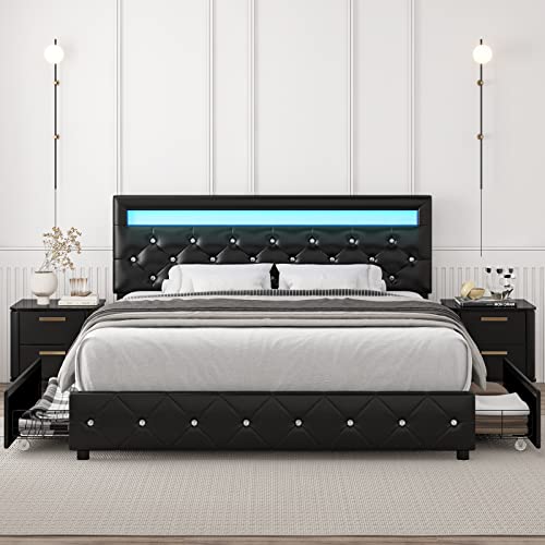 Keyluv Queen Upholstered LED Bed Frame with 4 Storage Drawers and Adjustable Crystal Button Tufted Headboard, Platform Bed with Solid Wooden Slats Support, No Box Spring Needed, Black