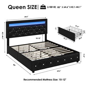 Keyluv Queen Upholstered LED Bed Frame with 4 Storage Drawers and Adjustable Crystal Button Tufted Headboard, Platform Bed with Solid Wooden Slats Support, No Box Spring Needed, Black