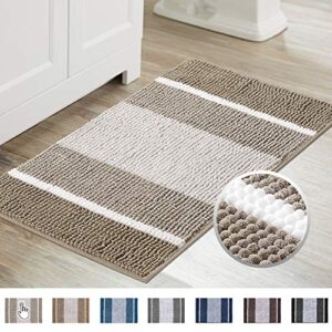 super absorbent tufted chenille rug with non slip backing, gradient taupe stripe pattern microfiber bath rug, machine washable thick bathroom floor mat for tub shower, (20×32 inch, taupe)