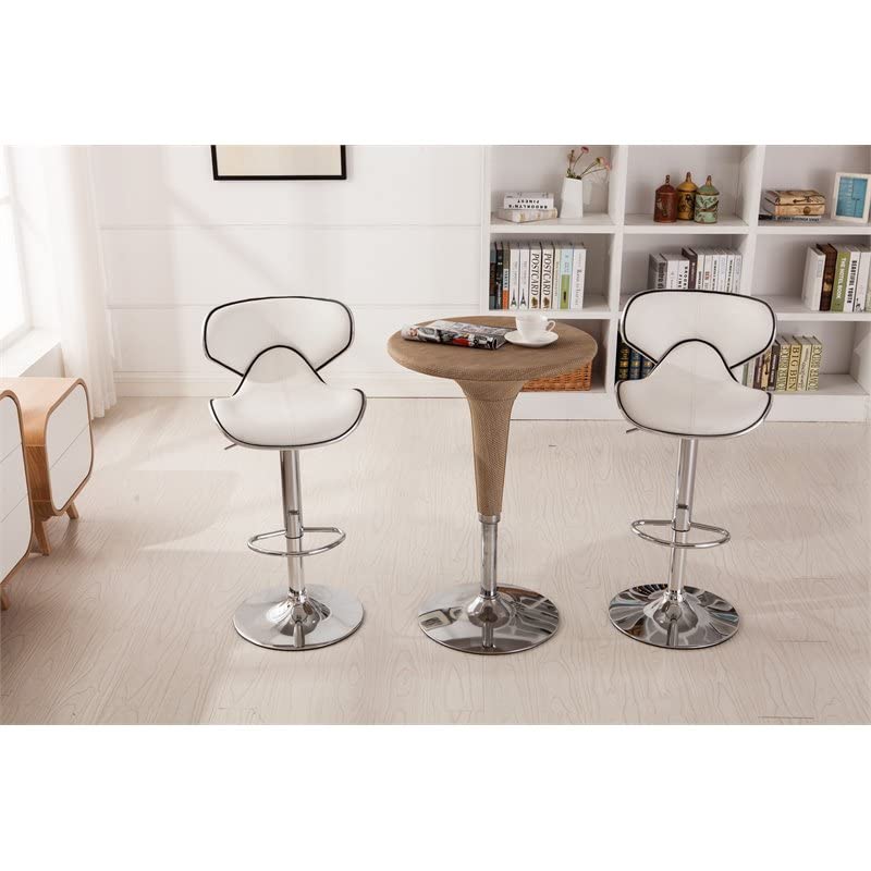 Roundhill Furniture Masaccio Cushioned Leatherette Upholstery Airlift Adjustable Swivel Barstool with Chrome Base, Set of 2, White