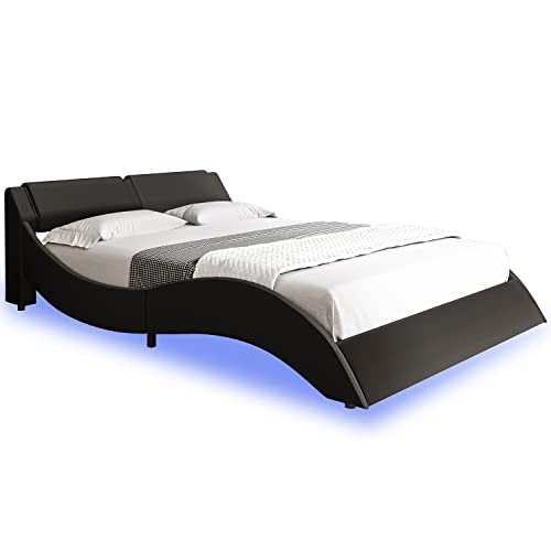 DICTAC Queen Led Bed Frame Modern Faux Leather Upholstered Platform Bed Frame with RGB LED Lights and Headboard Queen Size Wave Like Curve Low Profile Bed Frame,Wood Slats Support,Easy Assembly,Black