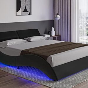 DICTAC Queen Led Bed Frame Modern Faux Leather Upholstered Platform Bed Frame with RGB LED Lights and Headboard Queen Size Wave Like Curve Low Profile Bed Frame,Wood Slats Support,Easy Assembly,Black