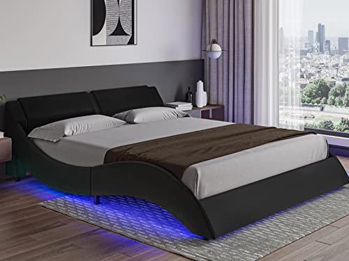 DICTAC Queen Led Bed Frame Modern Faux Leather Upholstered Platform Bed Frame with RGB LED Lights and Headboard Queen Size Wave Like Curve Low Profile Bed Frame,Wood Slats Support,Easy Assembly,Black