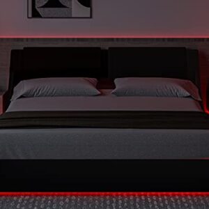 DICTAC Queen Led Bed Frame Modern Faux Leather Upholstered Platform Bed Frame with RGB LED Lights and Headboard Queen Size Wave Like Curve Low Profile Bed Frame,Wood Slats Support,Easy Assembly,Black