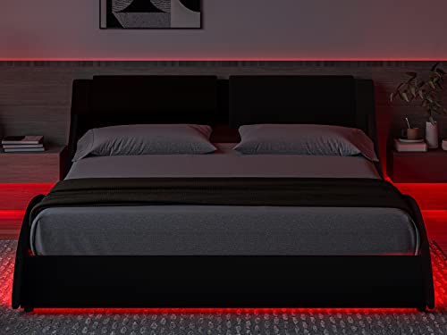 DICTAC Queen Led Bed Frame Modern Faux Leather Upholstered Platform Bed Frame with RGB LED Lights and Headboard Queen Size Wave Like Curve Low Profile Bed Frame,Wood Slats Support,Easy Assembly,Black