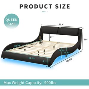 DICTAC Queen Led Bed Frame Modern Faux Leather Upholstered Platform Bed Frame with RGB LED Lights and Headboard Queen Size Wave Like Curve Low Profile Bed Frame,Wood Slats Support,Easy Assembly,Black