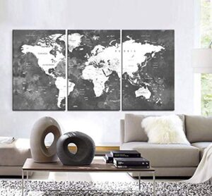 original by boxcolors large 30″x 60″ 3 panels 30″x20″ ea art canvas print watercolor map world countries cities push pin travel wall black white gray decor home interior (framed 1.5″ depth)
