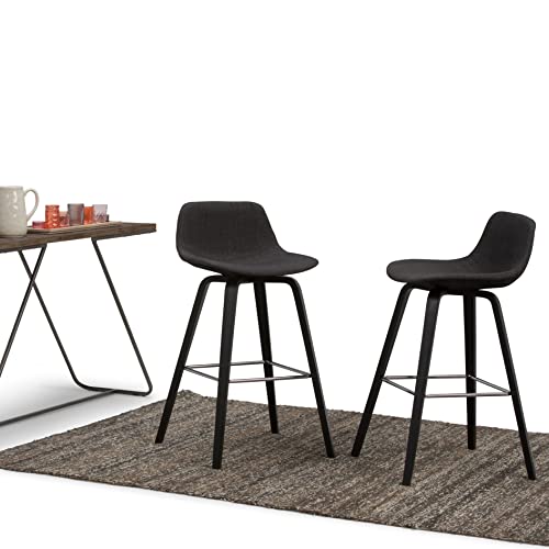 SIMPLIHOME Randolph Mid Century Modern Bentwood Counter Height Stool (Set of 2) in Charcoal Grey, Black Linen Look Fabric