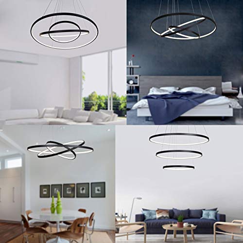 UNITARY Brand Modern Black Acrylic Remote Control Nature White and Warm White Dimmable LED 3 Rings Dining Room Kitchen Pendant Light Max 90W Painted Finish