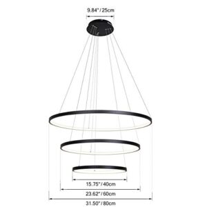 UNITARY Brand Modern Black Acrylic Remote Control Nature White and Warm White Dimmable LED 3 Rings Dining Room Kitchen Pendant Light Max 90W Painted Finish