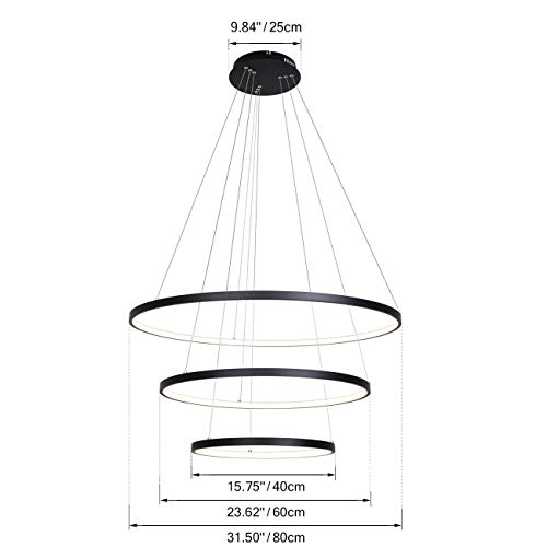 UNITARY Brand Modern Black Acrylic Remote Control Nature White and Warm White Dimmable LED 3 Rings Dining Room Kitchen Pendant Light Max 90W Painted Finish