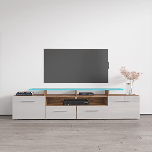 MEBLE FURNITURE & RUGS Evora 76" Wide High Gloss Fronts Matte Body Modern TV Stand (Walnut/White)