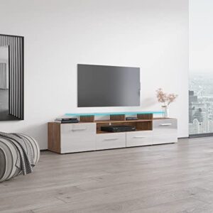 MEBLE FURNITURE & RUGS Evora 76" Wide High Gloss Fronts Matte Body Modern TV Stand (Walnut/White)