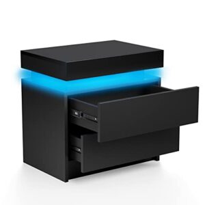 semounva led nightstand with 2 drawers, black modern nightstands with led lights, cool light up flip top bedside table night stand for bedroom furniture
