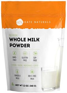 dry whole milk powder for baking and coffee (12oz) – kate naturals. dried powdered milk for adults. rbst-free. substitute for liquid milk. milk whole powder for milkshakes. made in usa.