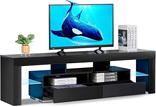 Bonzy Home LED TV Stand for 65 Inch TV Entertainment Center Black TV Stand with 16 Colors RGB Light and RF Remote Control Modern TV Media Console for Living Room Bedroom