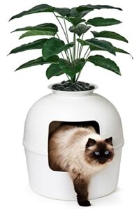 secret litter box by bundle & bliss – hidden litter box enclosure, patented design with odor control, includes faux plant, carbon filter and real stones