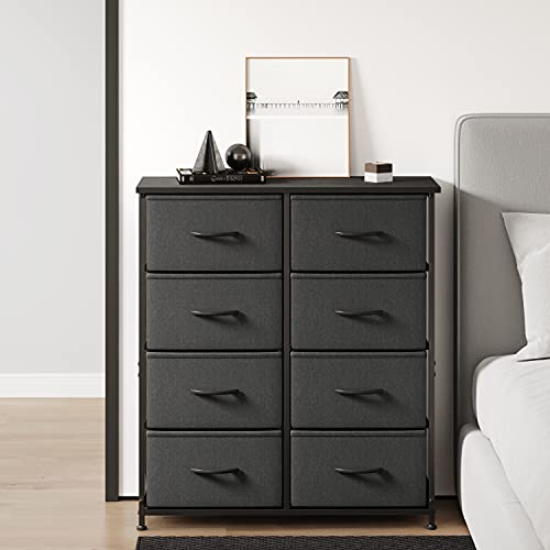 FEZIBO Dresser Organizer, Chest of Drawers-Dresser for Bedroom, Hallway, Entryway, Closets, Furniture Storage Tower-Steel Frame, Wood Top, 8 Drawers Organizer Units-Black Grey