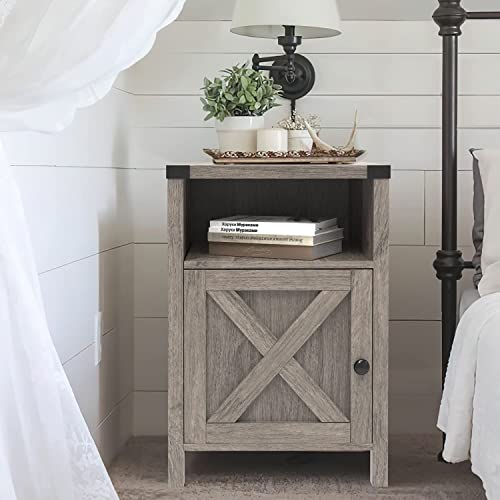 Farmhouse Nightstand, Side Table, Set of 2 End Table with Barn Door and Shelf, Modern Bed Side Table End Table, Rustic Nightstands Set for Bedroom, Living Room, Set of 2, Grey Wash