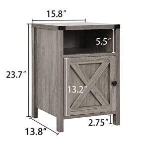 Farmhouse Nightstand, Side Table, Set of 2 End Table with Barn Door and Shelf, Modern Bed Side Table End Table, Rustic Nightstands Set for Bedroom, Living Room, Set of 2, Grey Wash